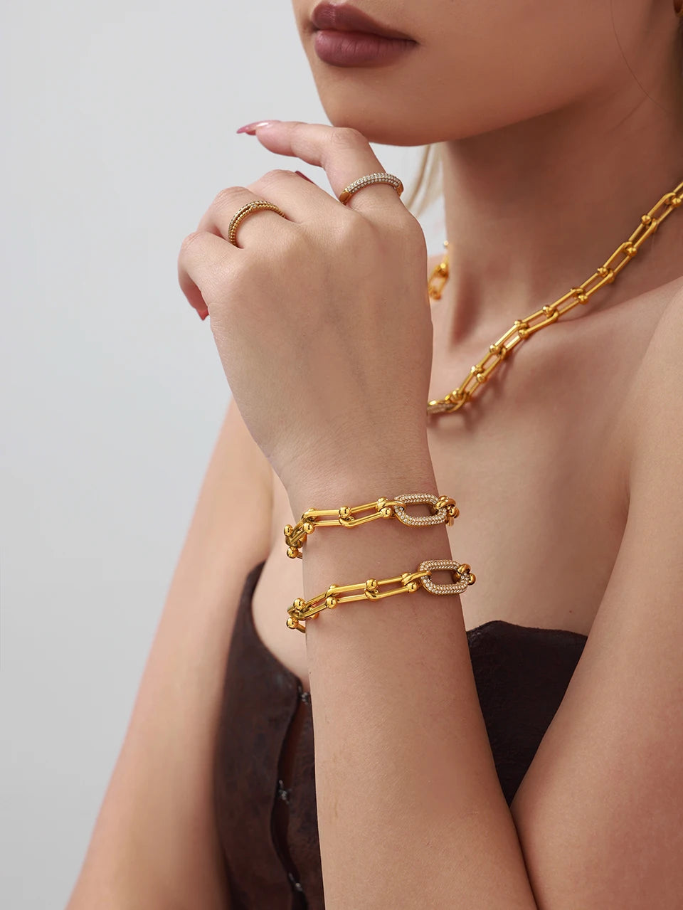 Ensemble collier et bracelet à grosse chaîne style rock hip-hop en acier inoxydable plaqué or 18 carats avec pendentif, pour femme