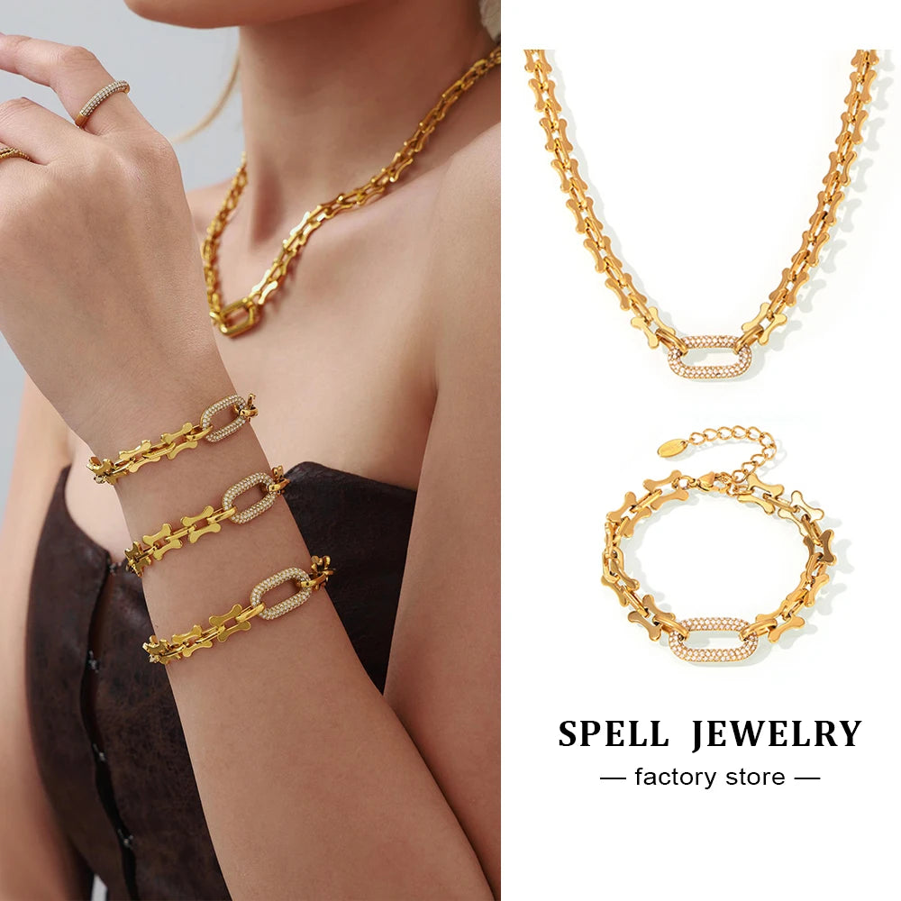 Ensemble collier et bracelet à grosse chaîne style rock hip-hop en acier inoxydable plaqué or 18 carats avec pendentif, pour femme