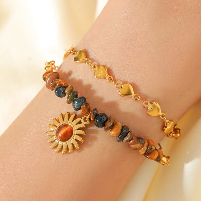 Ensemble collier et bracelet pendentif vintage en acier inoxydable 316L marron à perles, tendance pour femme, cadeau original et étanche.