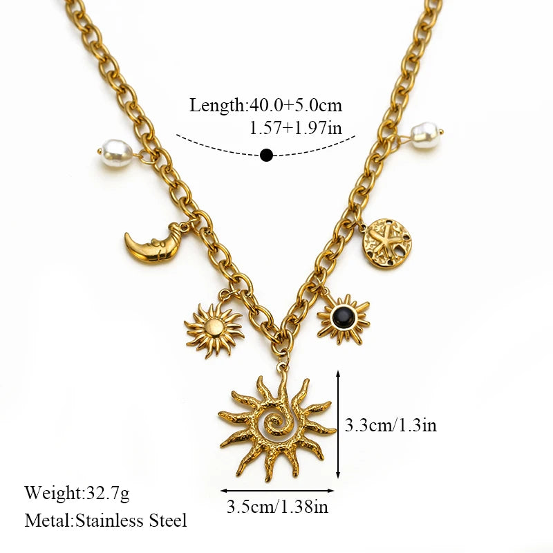 Collier pendentif tendance en acier inoxydable 316L, forme étoile de mer, lune et soleil, avec chaîne dorée. Bijou fantaisie à offrir.