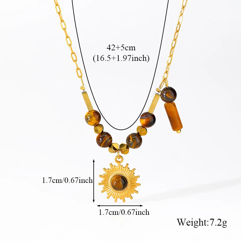 Ensemble collier et bracelet pendentif vintage en acier inoxydable 316L marron à perles, tendance pour femme, cadeau original et étanche.