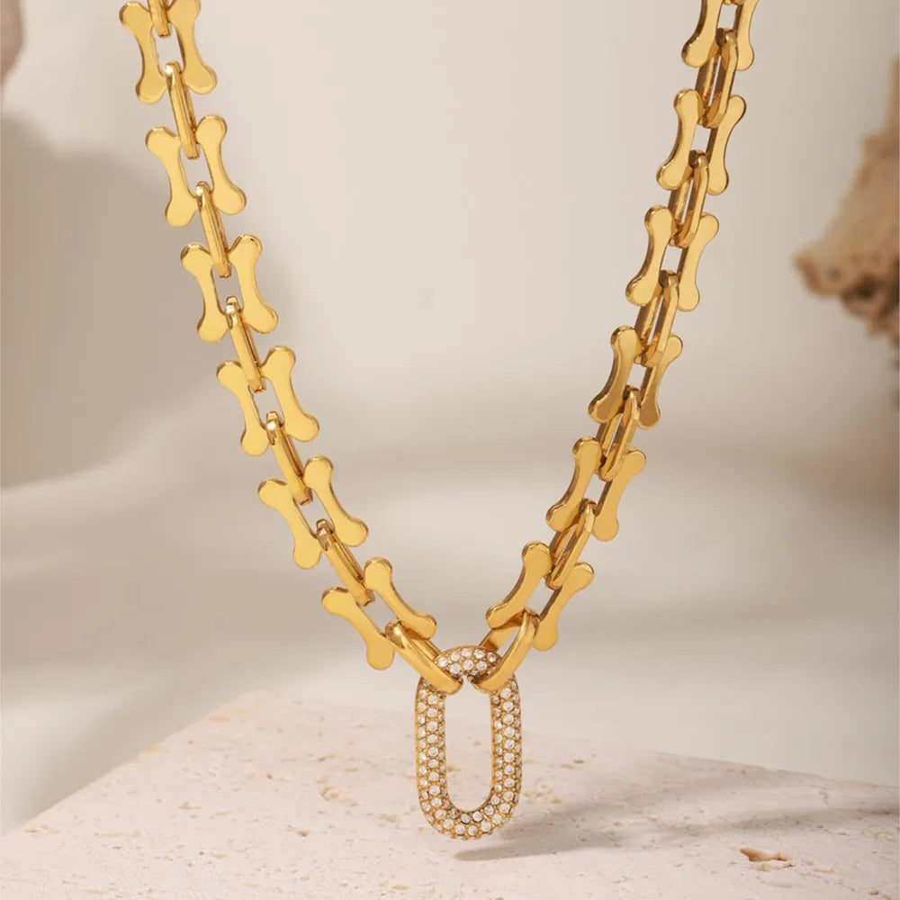 Ensemble collier et bracelet à grosse chaîne style rock hip-hop en acier inoxydable plaqué or 18 carats avec pendentif, pour femme