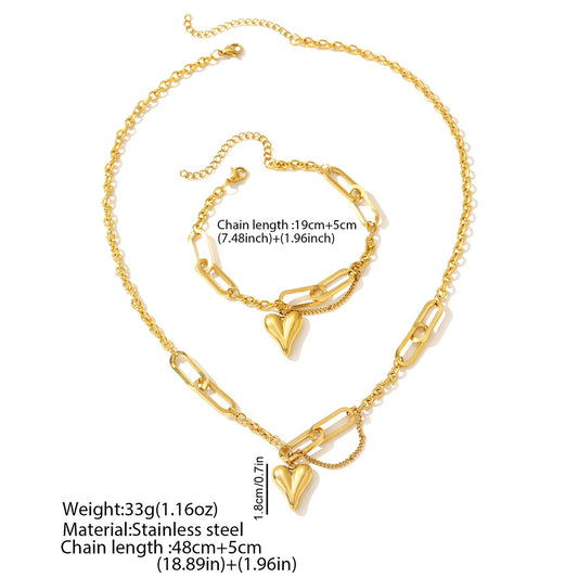 Ensemble de deux bijoux pour femme en acier inoxydable, combinant une chaîne irrégulière en forme de cœur, au style rétro et luxueux, à assortir au quotidien.