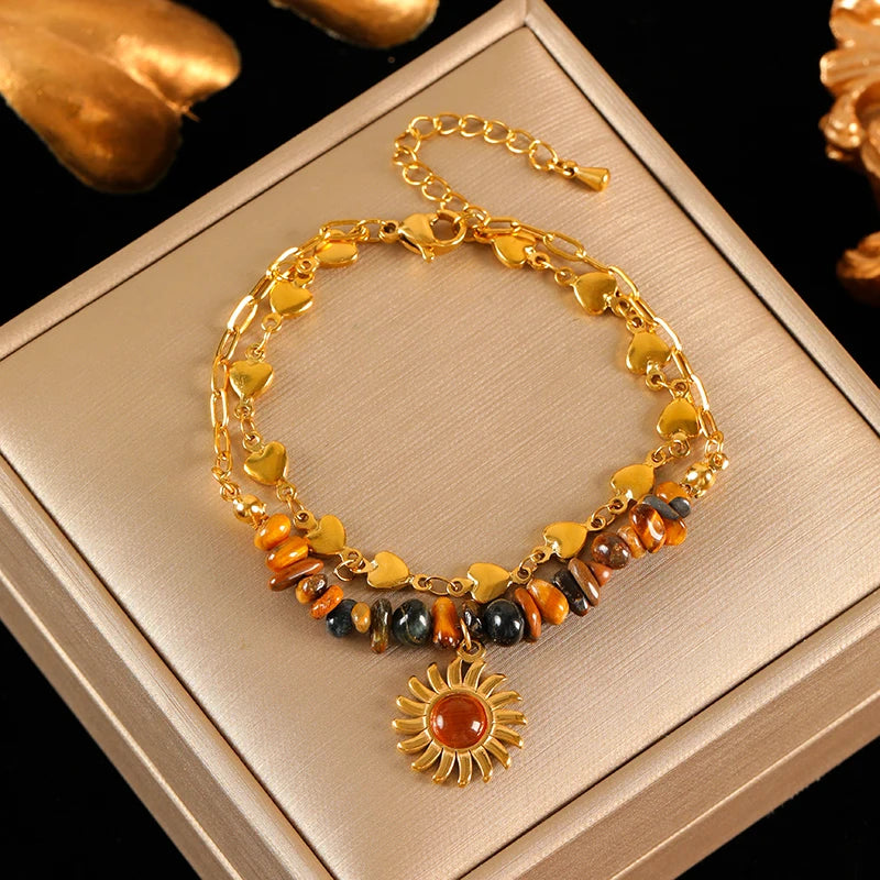 Ensemble collier et bracelet pendentif vintage en acier inoxydable 316L marron à perles, tendance pour femme, cadeau original et étanche.