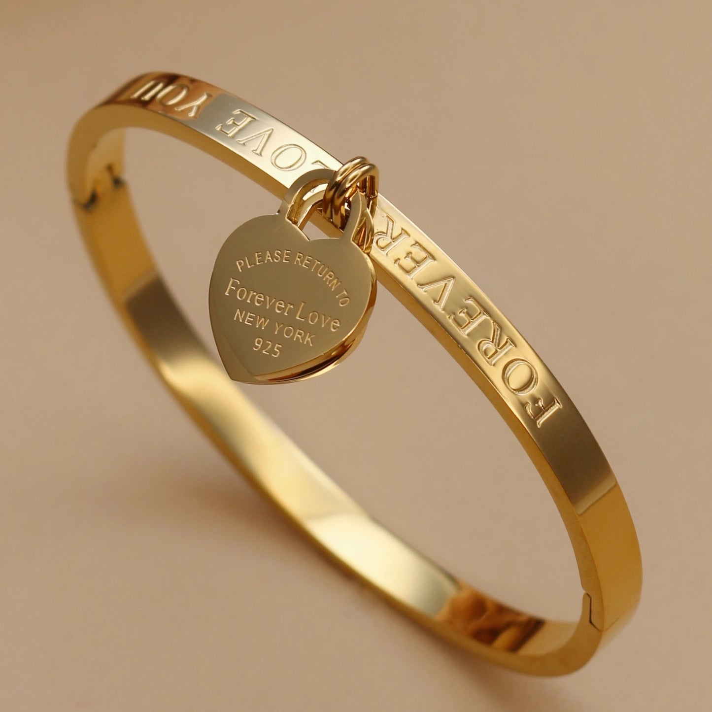 Bracelets et joncs classiques tendance en acier inoxydable doré Bracelet double cœur pêche