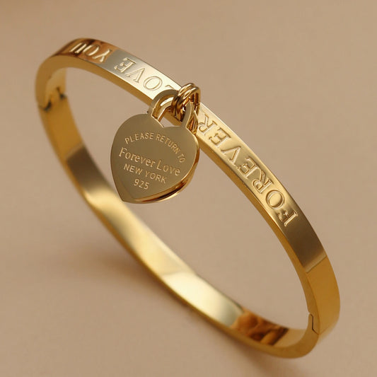 Bracelets et joncs classiques tendance en acier inoxydable doré Bracelet double cœur pêche