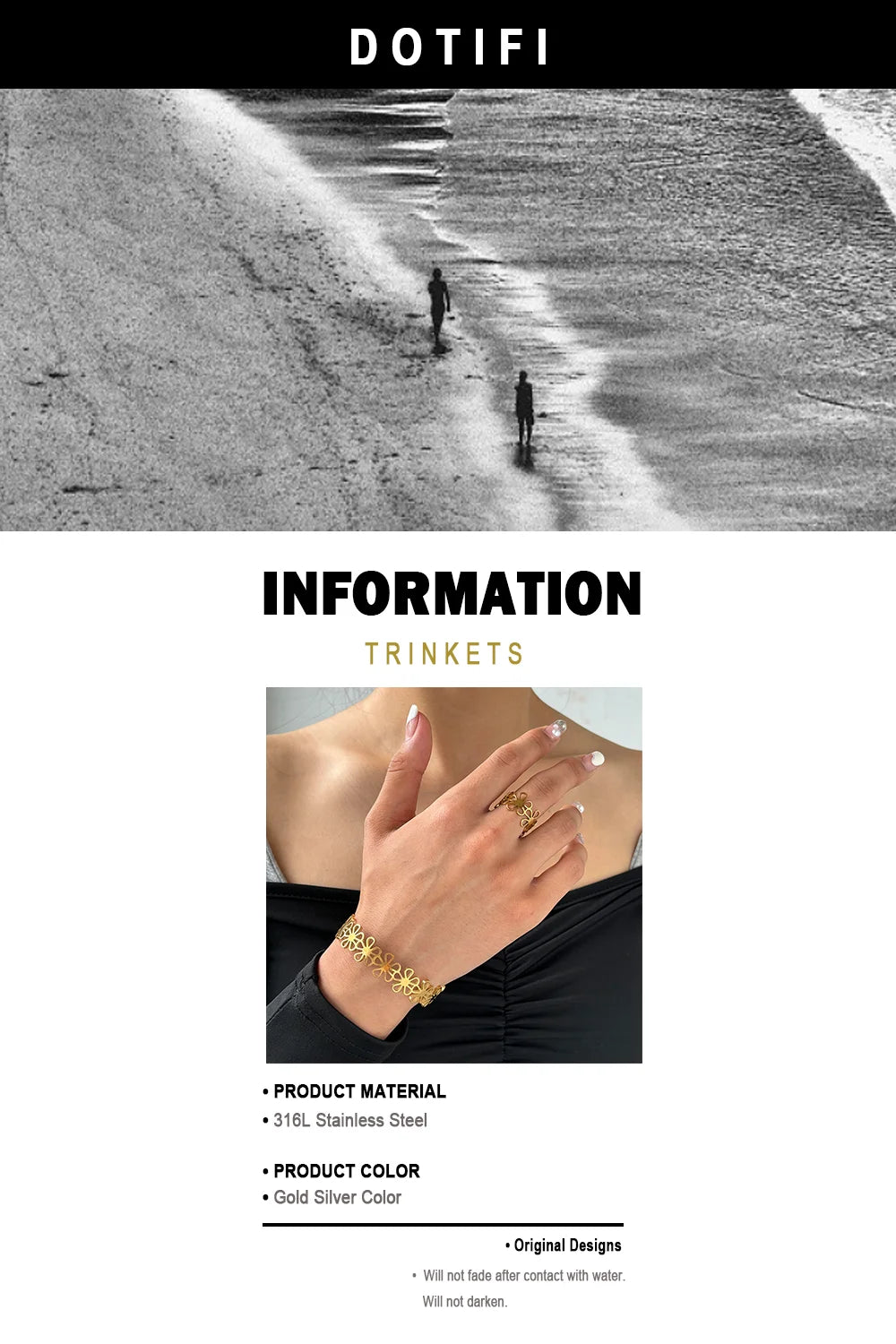 Ensemble de bagues et bracelets en acier inoxydable, style rétro original, ornés de fleurs ajourées. Bijou de haute qualité, inaltérable. Cadeau neuf.