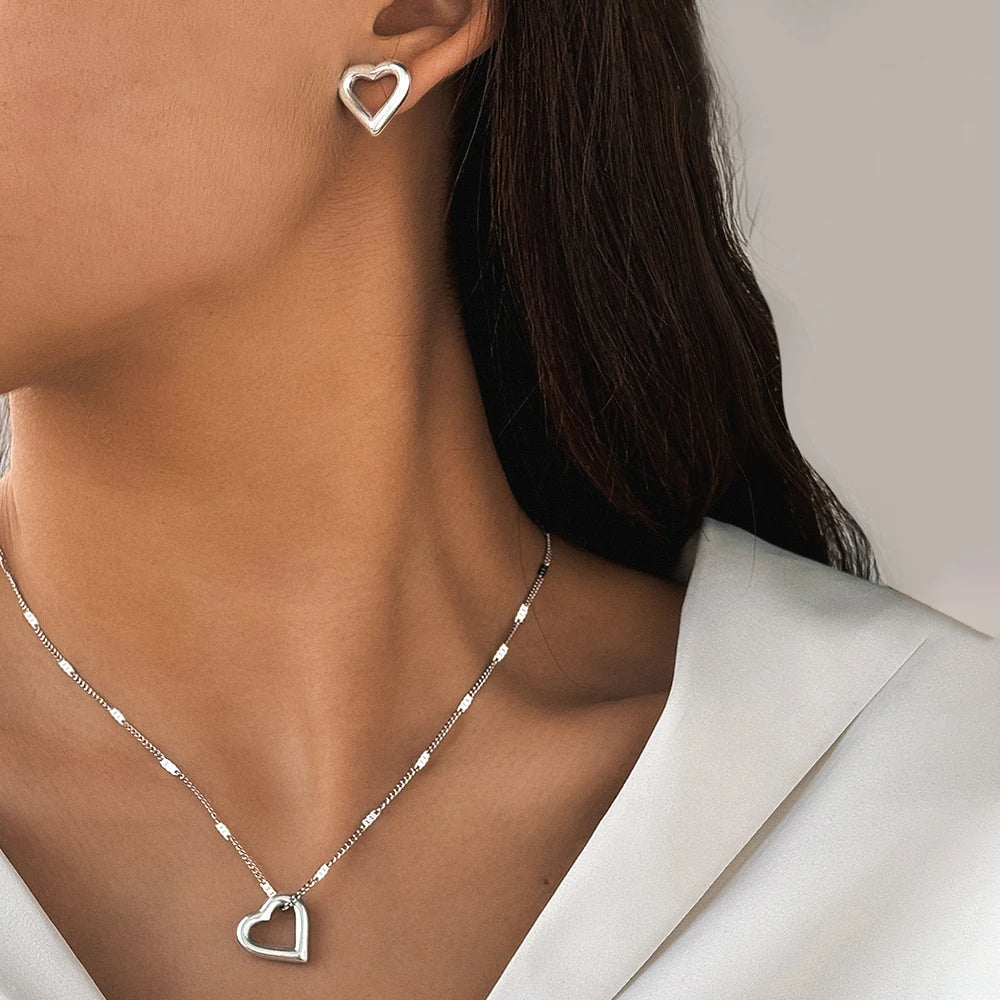 Ensemble de bijoux en acier inoxydable woiwoi (collier et boucles d'oreilles) avec pendentif « New Romantic Love » - Bijou minimaliste pour femme - Idée cadeau