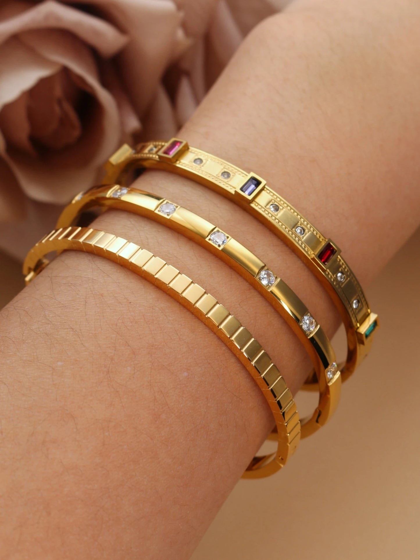 Bracelet empilable en acier inoxydable doré avec incrustation carrée de zircon cubique C8, bijou pour femme