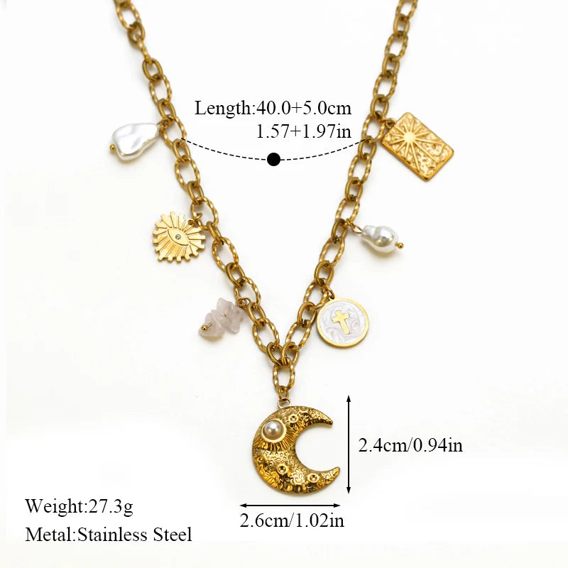 Collier pendentif tendance en acier inoxydable 316L, forme étoile de mer, lune et soleil, avec chaîne dorée. Bijou fantaisie à offrir.