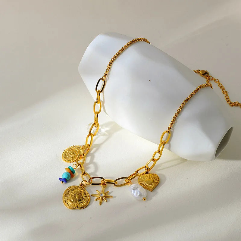 Collier pendentif soleil, cœur et fleur en acier inoxydable 316L EILIECK, plaqué or 18 carats, bijou fait main pour femme et fille