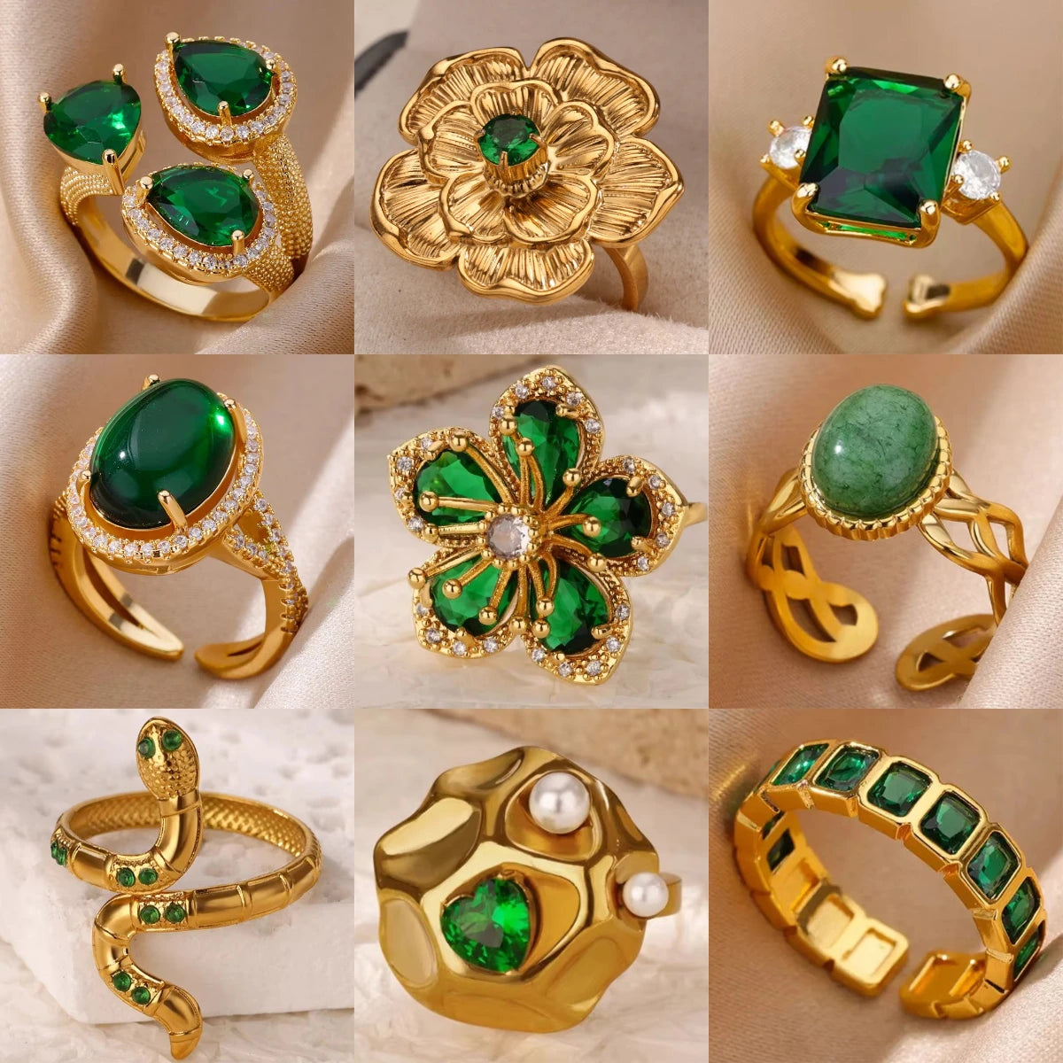 Bague de luxe en acier inoxydable avec zircon vert et fleur pour femme, style serpent, plaquée or, idéale pour un mariage ou une soirée. Bijou d'exception.