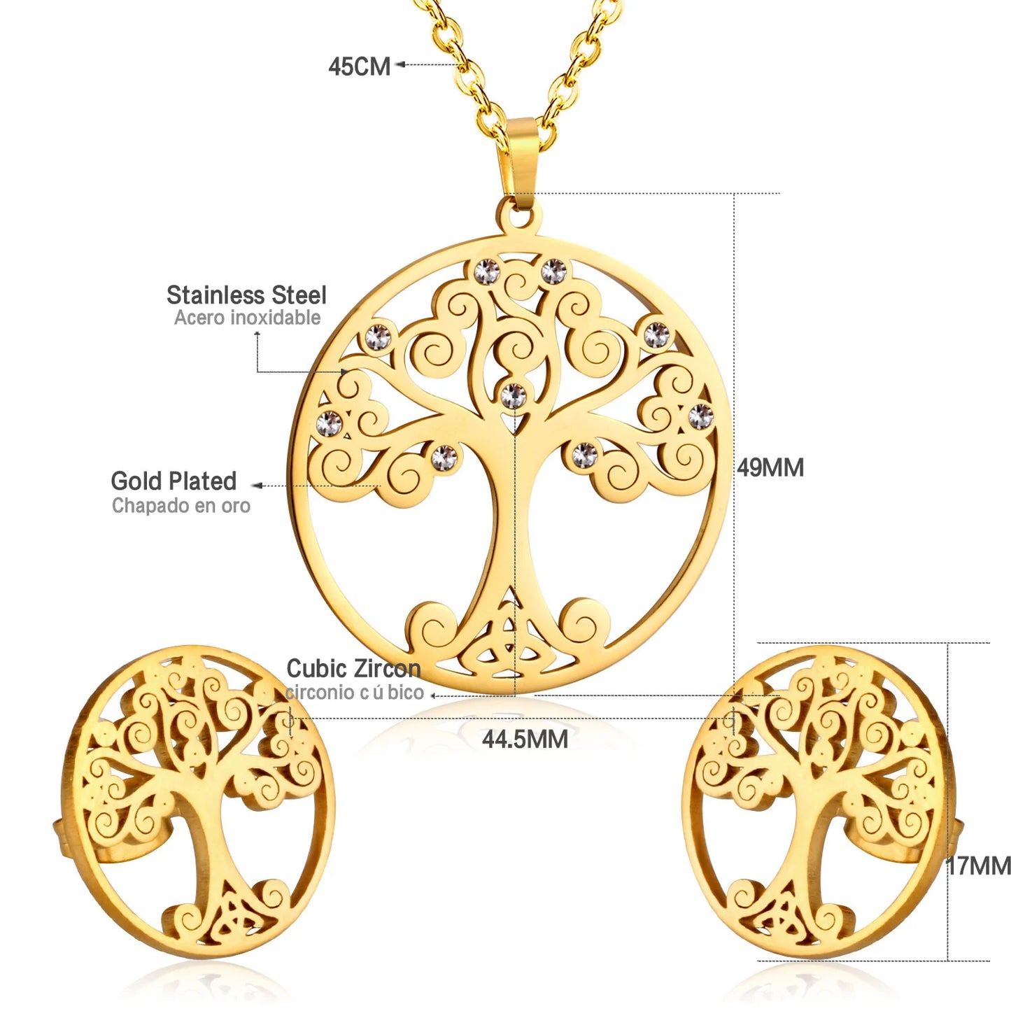 LUXUKISSKIDS Grandes Breloques Arbre de Vie Dubaï Ensembles de Bijoux Dorés pour Femme/Homme Hippie Ensemble Pendentif Rond Collier Boucles d'Oreilles Punk