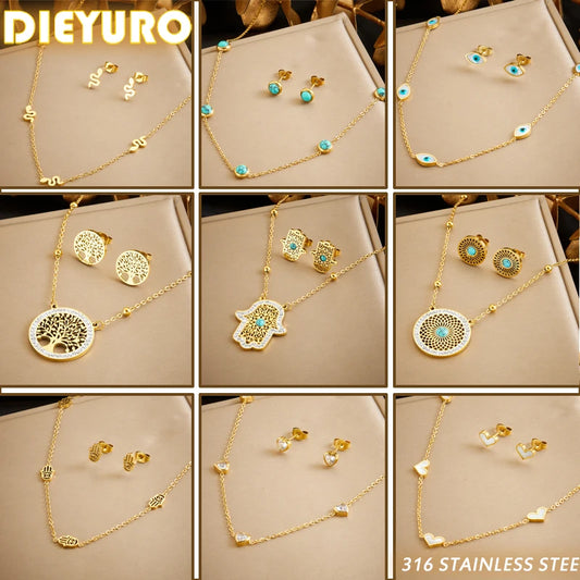 DIEYURO Ensemble collier et boucles d'oreilles Arbre de Vie en acier inoxydable 316L, turquoise et or, pour femme, collection 2024 - Idée cadeau tendance