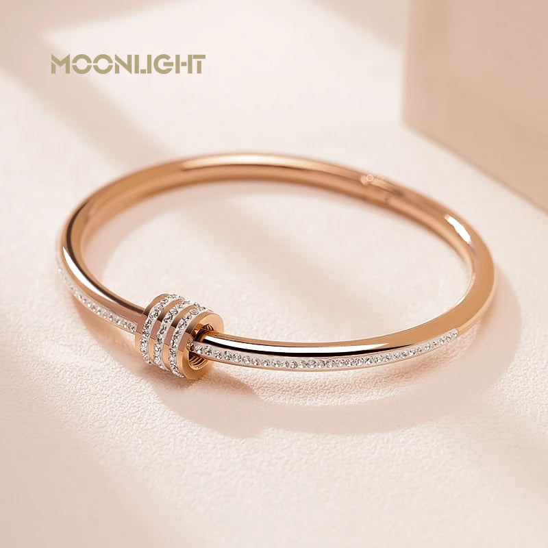 Bracelet jonc classique MOONLIGHT en acier inoxydable et zircon pour femme, bracelet à vis circulaire, bijoux féminins, accessoires de mode