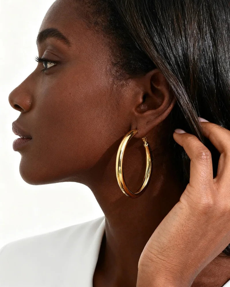 Boucles d'oreilles créoles rondes 30/40/50 mm pour femme, bijoux minimalistes classiques en acier inoxydable plaqué or 18 carats, hypoallergéniques