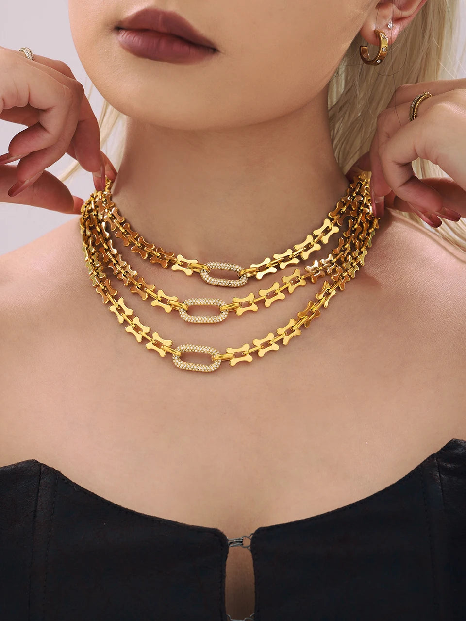 Ensemble collier et bracelet à grosse chaîne style rock hip-hop en acier inoxydable plaqué or 18 carats avec pendentif, pour femme