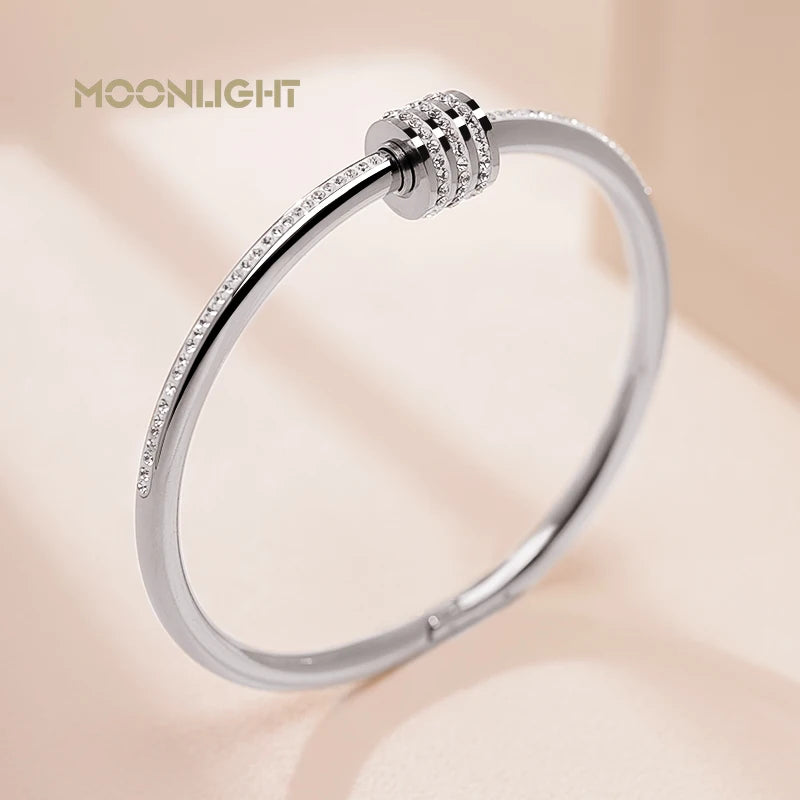 Bracelet jonc classique MOONLIGHT en acier inoxydable et zircon pour femme, bracelet à vis circulaire, bijoux féminins, accessoires de mode