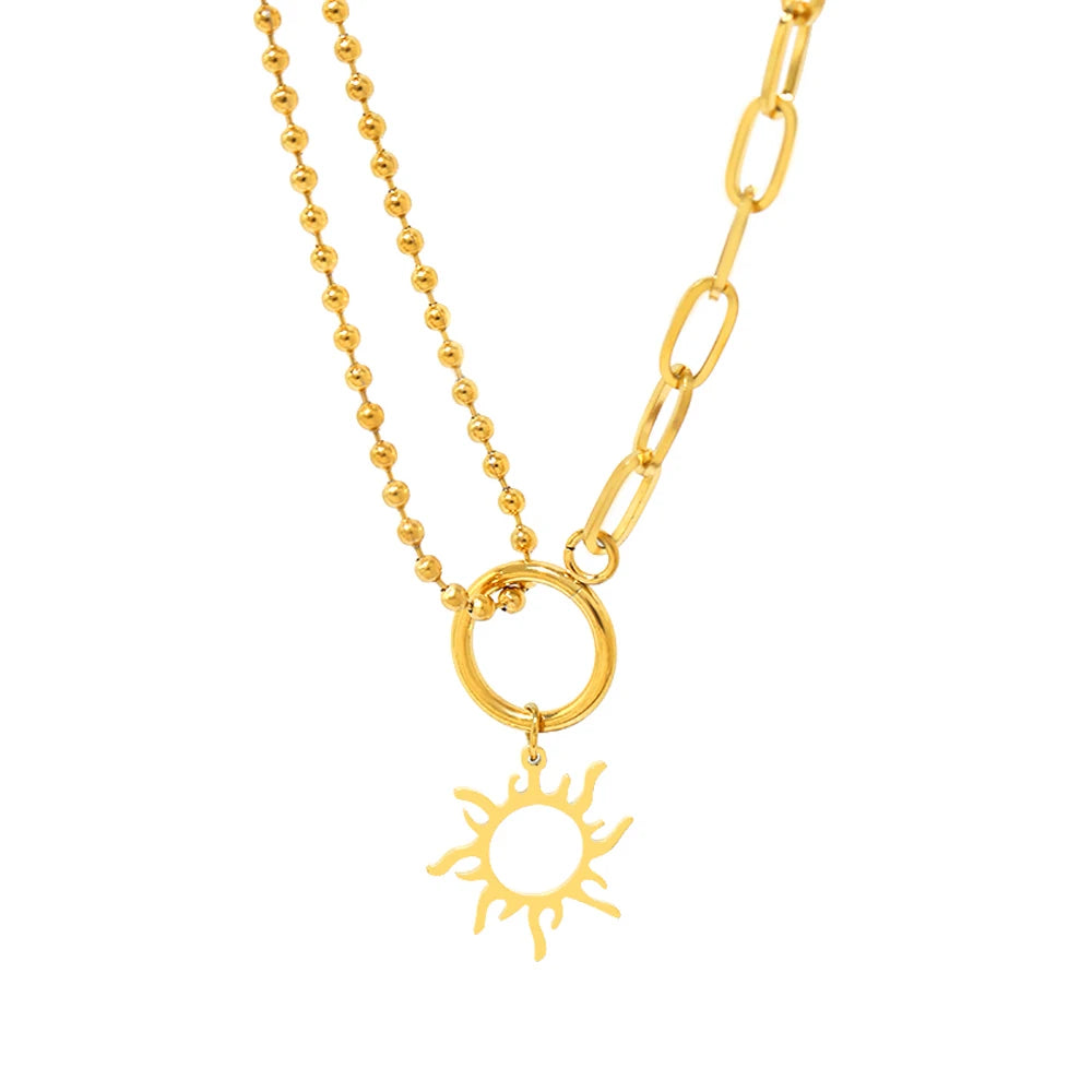 Colliers en acier inoxydable tendance, fins et délicats, avec pendentif soleil et perles, à associer à la mode. Bijou cadeau pour femme.