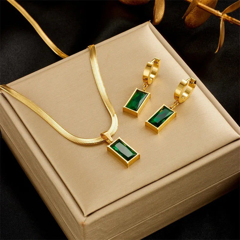 Ensemble de bijoux pour femme en acier inoxydable, collier et boucles d'oreilles carrés en zircon vert, chaîne dorée, accessoires, cadeau de mariage