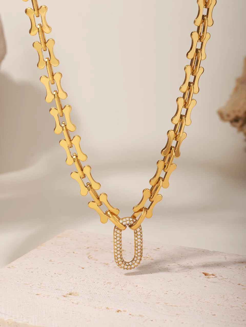 Ensemble collier et bracelet à grosse chaîne style rock hip-hop en acier inoxydable plaqué or 18 carats avec pendentif, pour femme