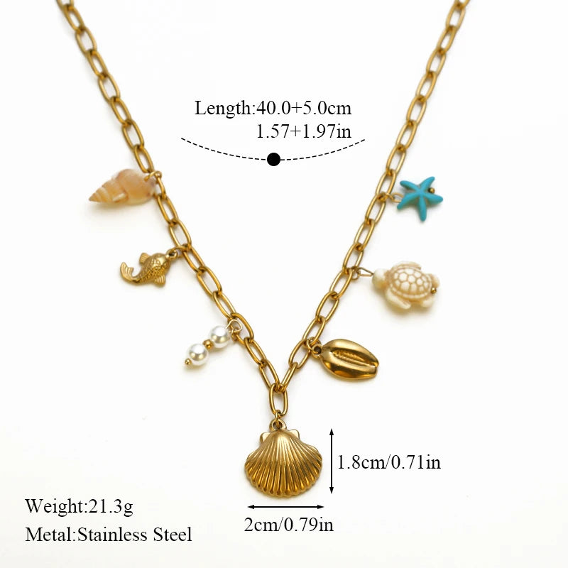 Collier pendentif tendance en acier inoxydable 316L, forme étoile de mer, lune et soleil, avec chaîne dorée. Bijou fantaisie à offrir.