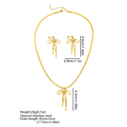 Ensemble Aomogo en acier inoxydable, luxueux et tendance, comprenant un pendentif nœud papillon, des boucles d'oreilles et un collier à chaîne en os de serpent. Bijou pour femme à porter au quotidien.
