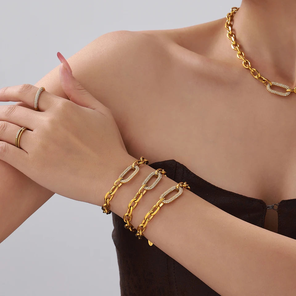 Ensemble collier et bracelet à grosse chaîne style rock hip-hop en acier inoxydable plaqué or 18 carats avec pendentif, pour femme