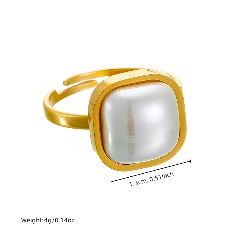 DIEYURO Ensemble de bijoux fantaisie en acier inoxydable 316L : collier, boucles d'oreilles et bague carrées avec grosse perle. Idéal pour femme et jeune fille. Un cadeau parfait pour les fêtes !