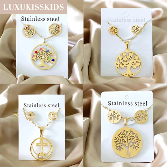 LUXUKISSKIDS Grandes Breloques Arbre de Vie Dubaï Ensembles de Bijoux Dorés pour Femme/Homme Hippie Ensemble Pendentif Rond Collier Boucles d'Oreilles Punk