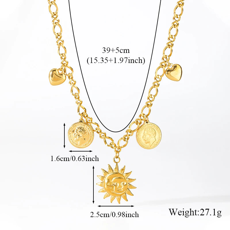 Collier pendentif tendance en acier inoxydable 316L, forme étoile de mer, lune et soleil, avec chaîne dorée. Bijou fantaisie à offrir.