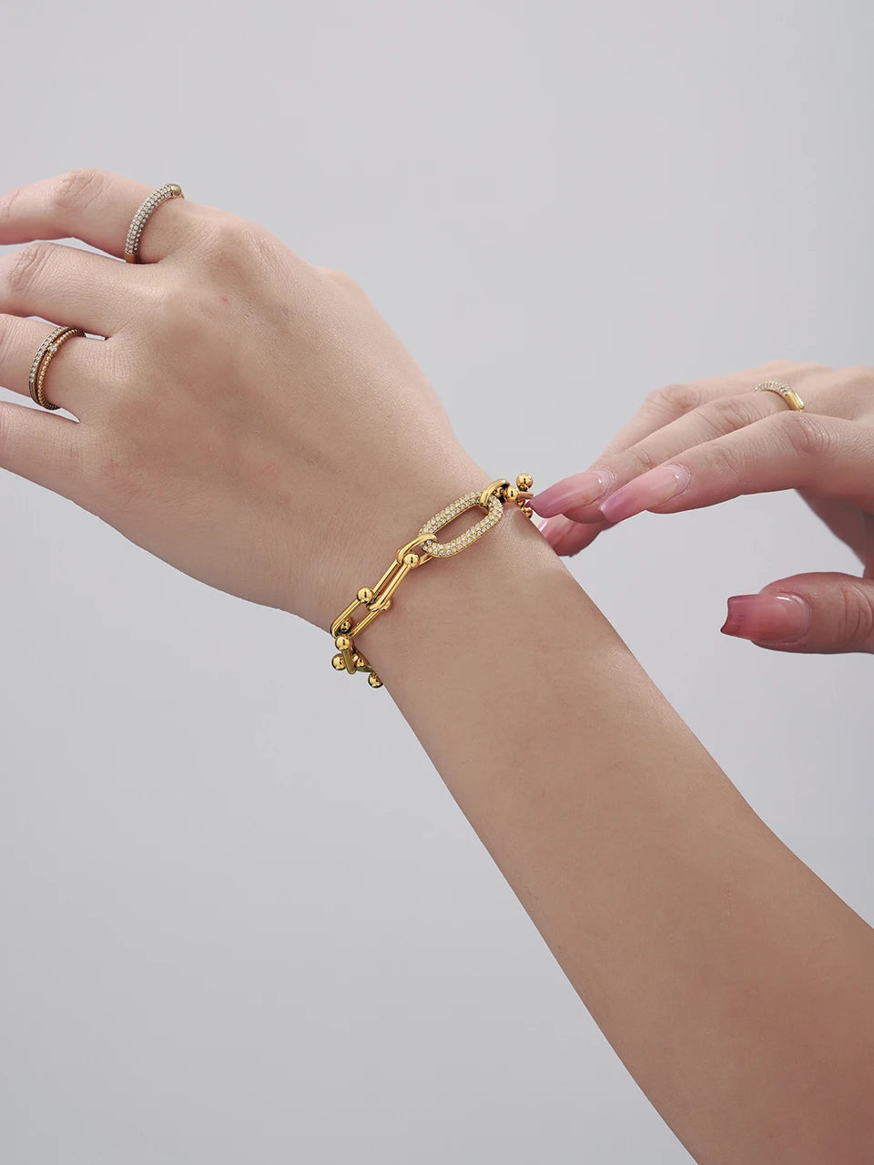 Ensemble collier et bracelet à grosse chaîne style rock hip-hop en acier inoxydable plaqué or 18 carats avec pendentif, pour femme