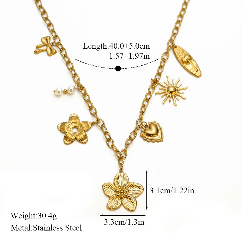 Collier pendentif soleil, cœur et fleur en acier inoxydable 316L EILIECK, plaqué or 18 carats, bijou fait main pour femme et fille