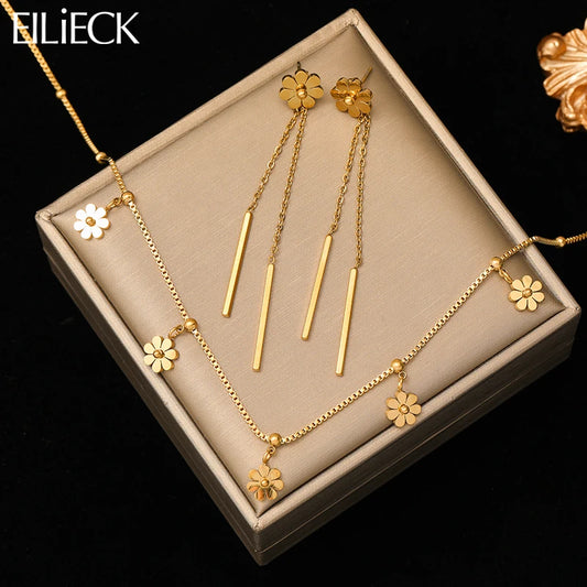 Ensemble de bijoux EILIECK en acier inoxydable 316L couleur or, comprenant un collier et des boucles d'oreilles pendentif fleur. Bijou tendance et inaltérable. Cadeau idéal.