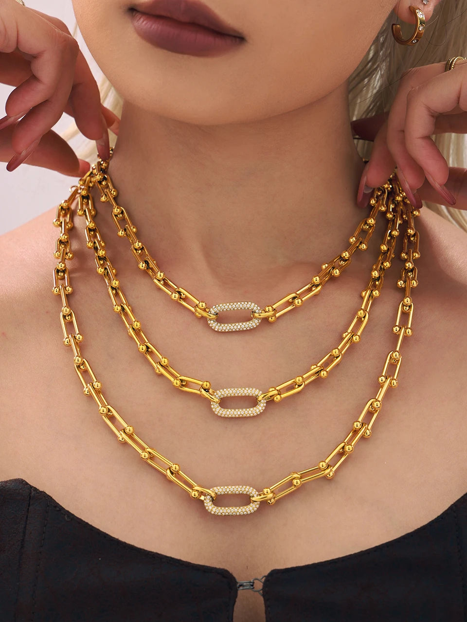 Ensemble collier et bracelet à grosse chaîne style rock hip-hop en acier inoxydable plaqué or 18 carats avec pendentif, pour femme