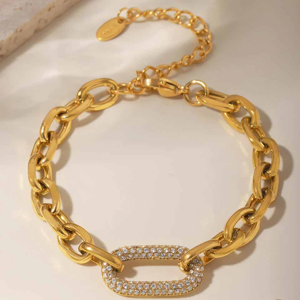 Ensemble collier et bracelet à grosse chaîne style rock hip-hop en acier inoxydable plaqué or 18 carats avec pendentif, pour femme