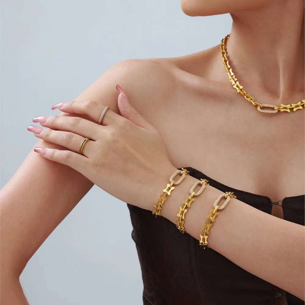 Ensemble collier et bracelet à grosse chaîne style rock hip-hop en acier inoxydable plaqué or 18 carats avec pendentif, pour femme