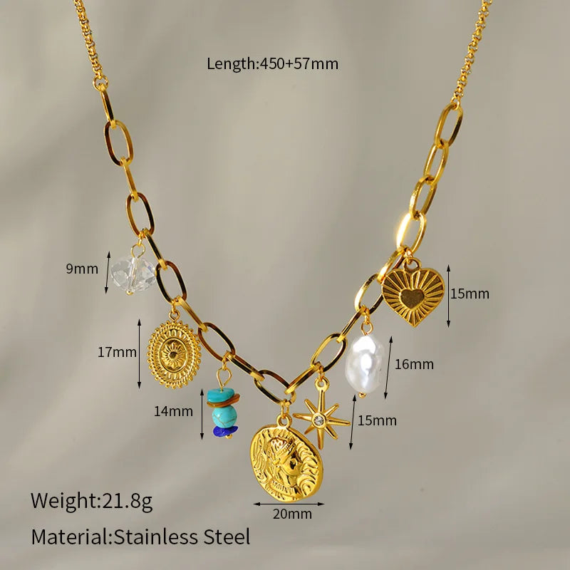 Collier pendentif soleil, cœur et fleur en acier inoxydable 316L EILIECK, plaqué or 18 carats, bijou fait main pour femme et fille