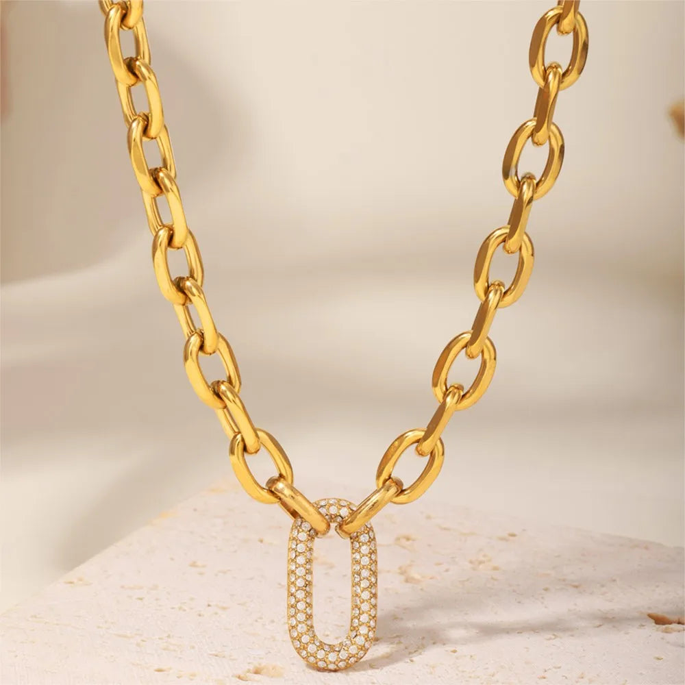 Ensemble collier et bracelet à grosse chaîne style rock hip-hop en acier inoxydable plaqué or 18 carats avec pendentif, pour femme