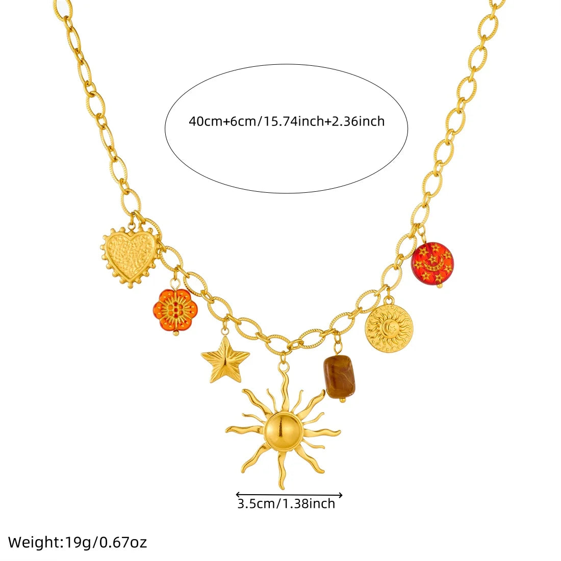 Collier pendentif DIEYURO en acier inoxydable 316L, orné d'un soleil, d'une étoile, d'un cœur et d'une fleur rouge. Étanche, il s'agit d'une chaîne à maillons pour femme, idéale pour les fêtes.