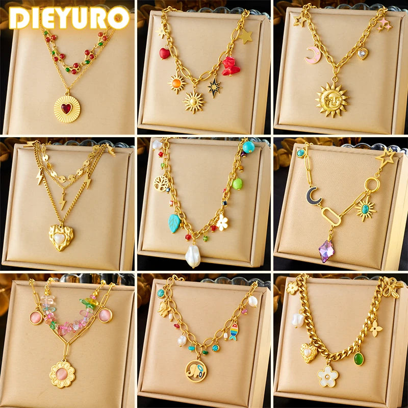 Collier DIEYURO en acier inoxydable 316L, Arbre de Vie, Fleur de Perle et Cristal, Nouveau Bijou Tendance pour Femme, Idée Cadeau de Noël