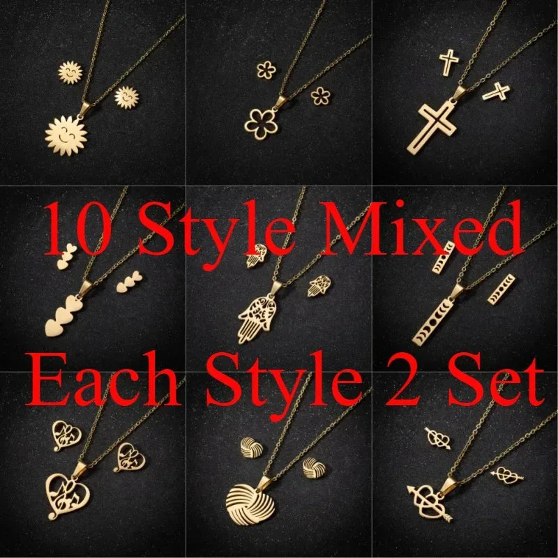 Lot de 20 pièces en acier inoxydable doré avec pendentif cœur, fleur et croix (collier, boucles d'oreilles, etc.) pour femmes (vente en gros).