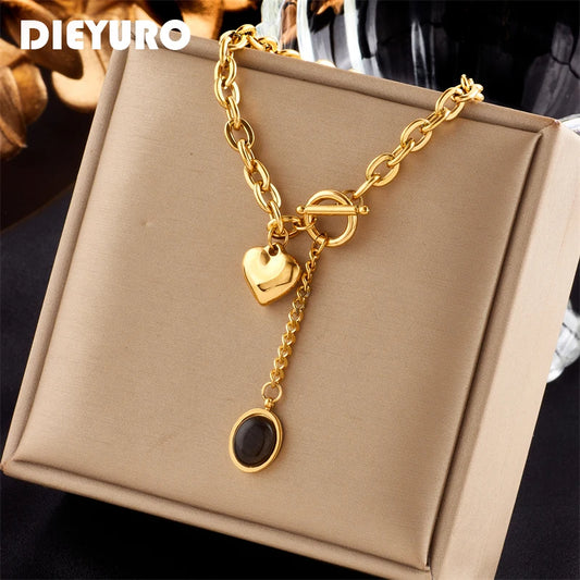 Collier pendentif cœur en acier inoxydable 316L DIEYURO avec pierre noire, tendance pour femmes et jeunes filles, avec boucle OT. Bijou idéal pour les fêtes.