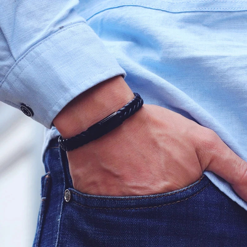 Bracelet en cuir pour homme, bracelet en acier inoxydable inaltérable, bracelet de surf, cadeau pour mari, bijoux tressés pour homme