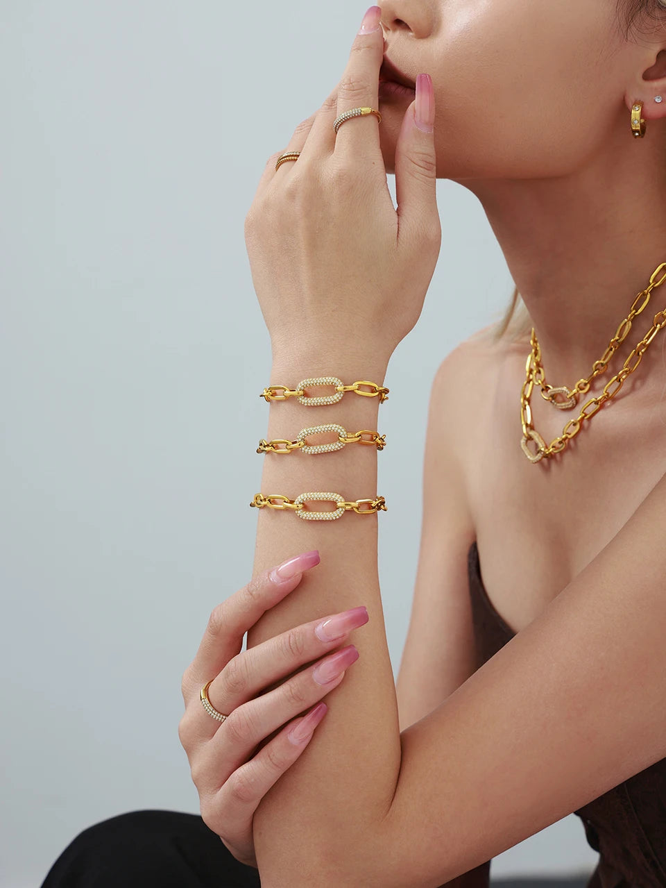 Ensemble collier et bracelet à grosse chaîne style rock hip-hop en acier inoxydable plaqué or 18 carats avec pendentif, pour femme