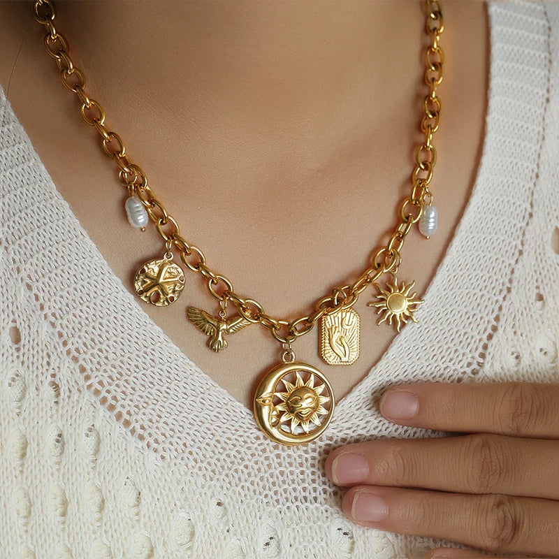 Collier pendentif soleil, cœur et fleur en acier inoxydable 316L EILIECK, plaqué or 18 carats, bijou fait main pour femme et fille