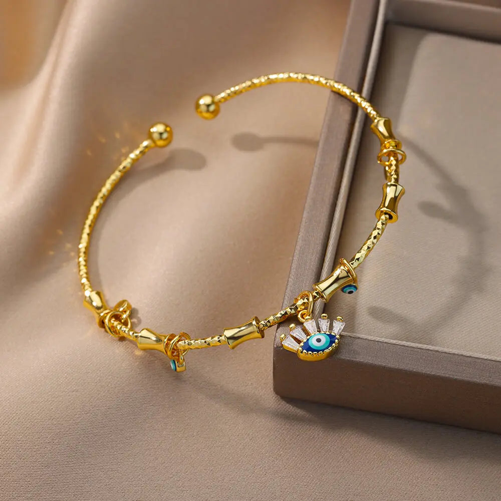 Bracelet œil protecteur pour femme, bracelet jonc en acier inoxydable et zircon, bijou turc porte-bonheur de luxe pour couple