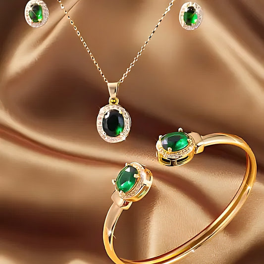 Parure de bijoux en acier inoxydable avec des pierres en émeraude vertes