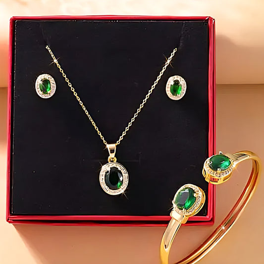 Parure de bijoux en acier inoxydable avec des pierres en émeraude vertes